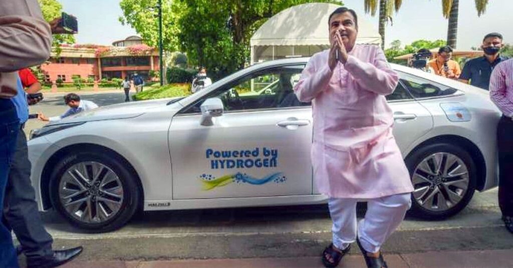 Nitin Gadkari with hydrogen-powered Toyota Mirai