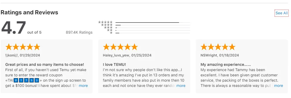 App store review on Temu