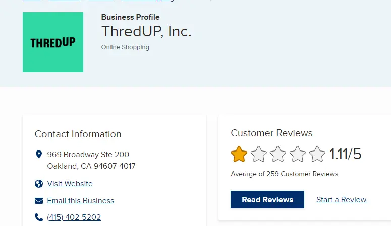 BBB Accreditations review on ThredUP