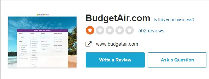 BudgetAir review on sitejabber