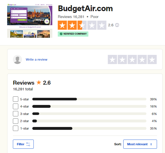 BudgetAir review on trustpilot
