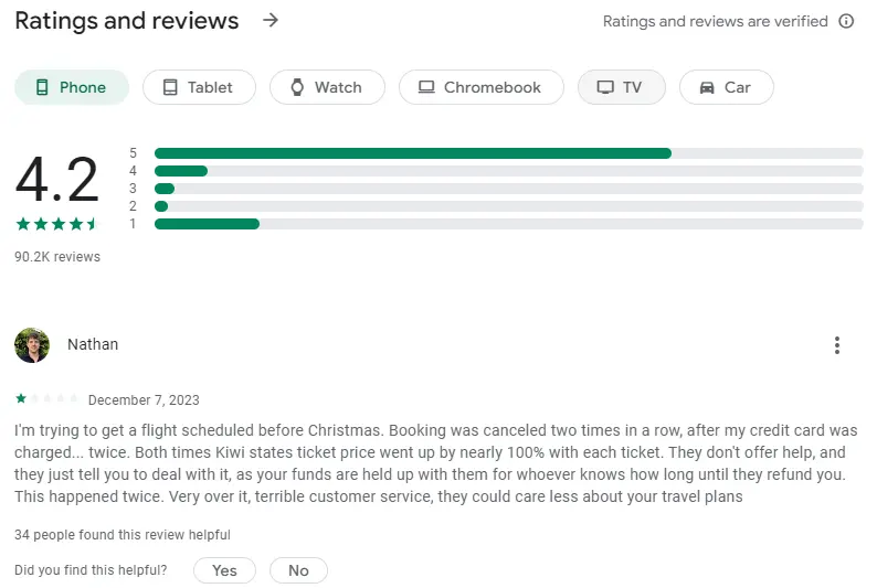 Google Play Store review on Kiwi.com