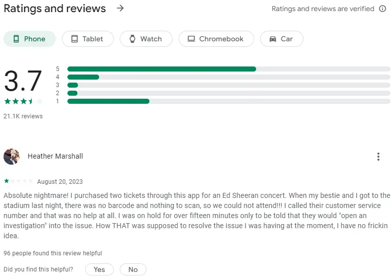 Google Play Store review on Vivid Seats