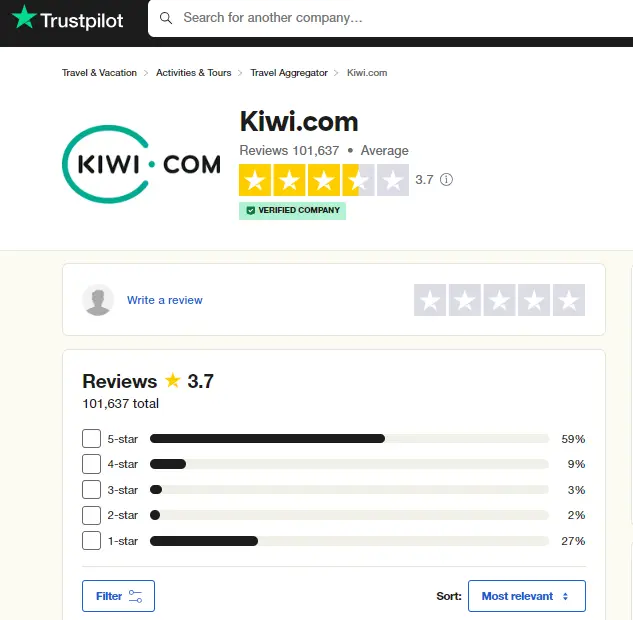 TrustPilot review on Kiwi.com