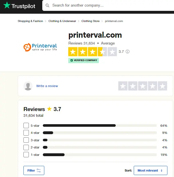 trustpilot review on Printerval